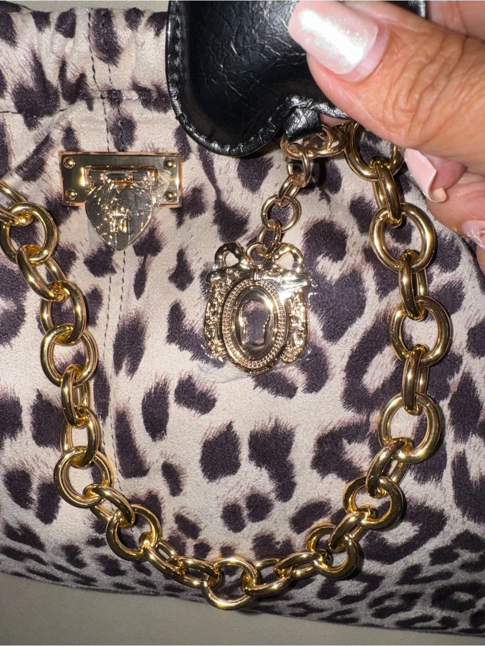 Juicy Couture Black & White Leopard Shoulder Bag with Gold Chain